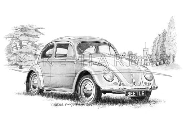VW Beetle 1955 Oval Screen - Black & White Print