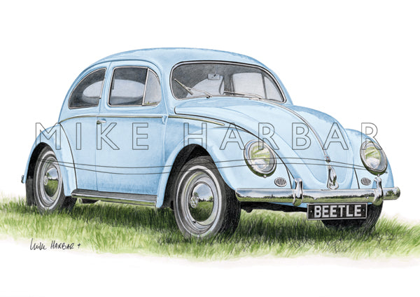 VW Beetle 1955 Oval Screen - Light Blue Print